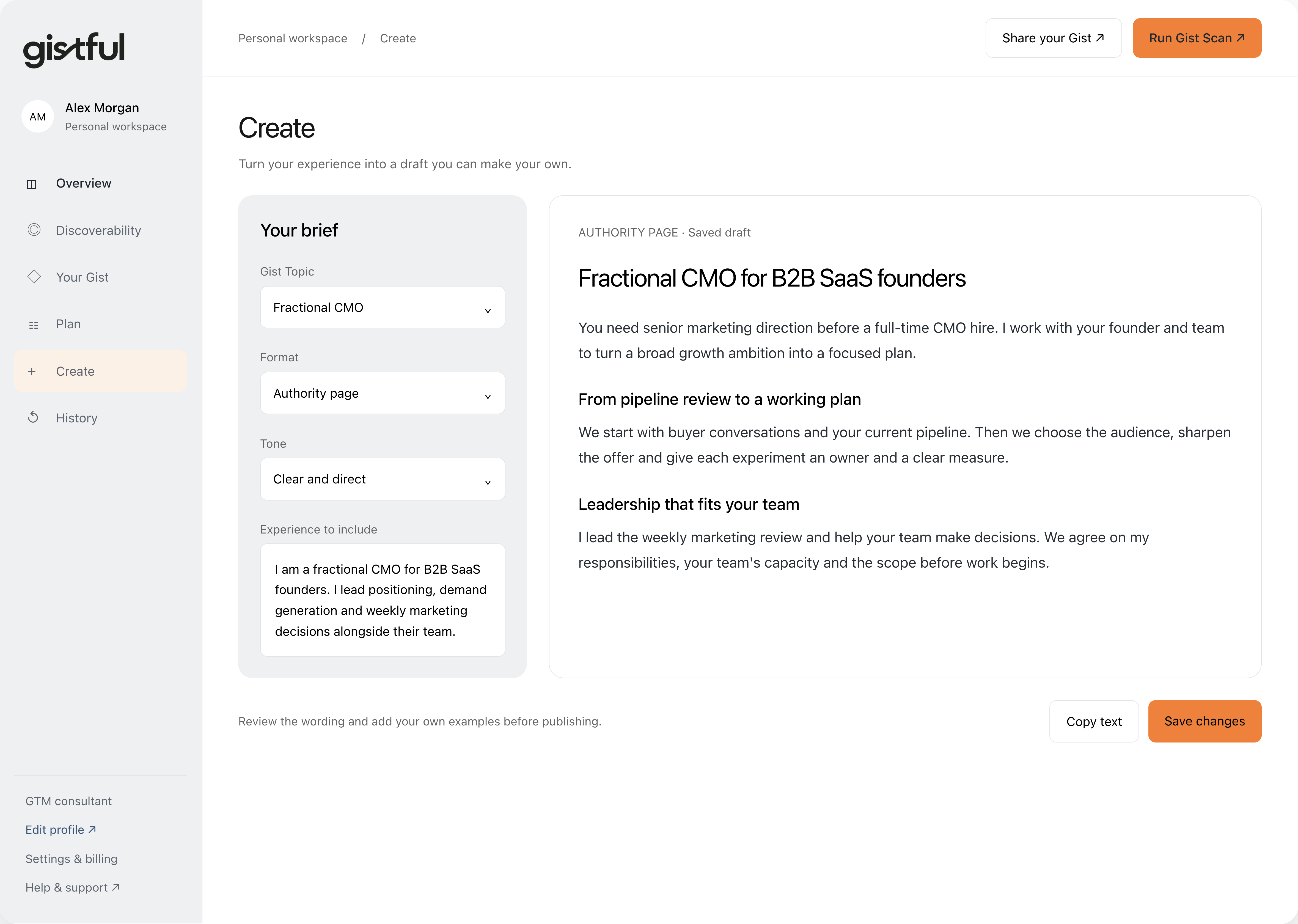 Illustrative Gistful Create. An illustrative authority-page draft for a fractional CMO supporting B2B SaaS founders, ready for review and editing.