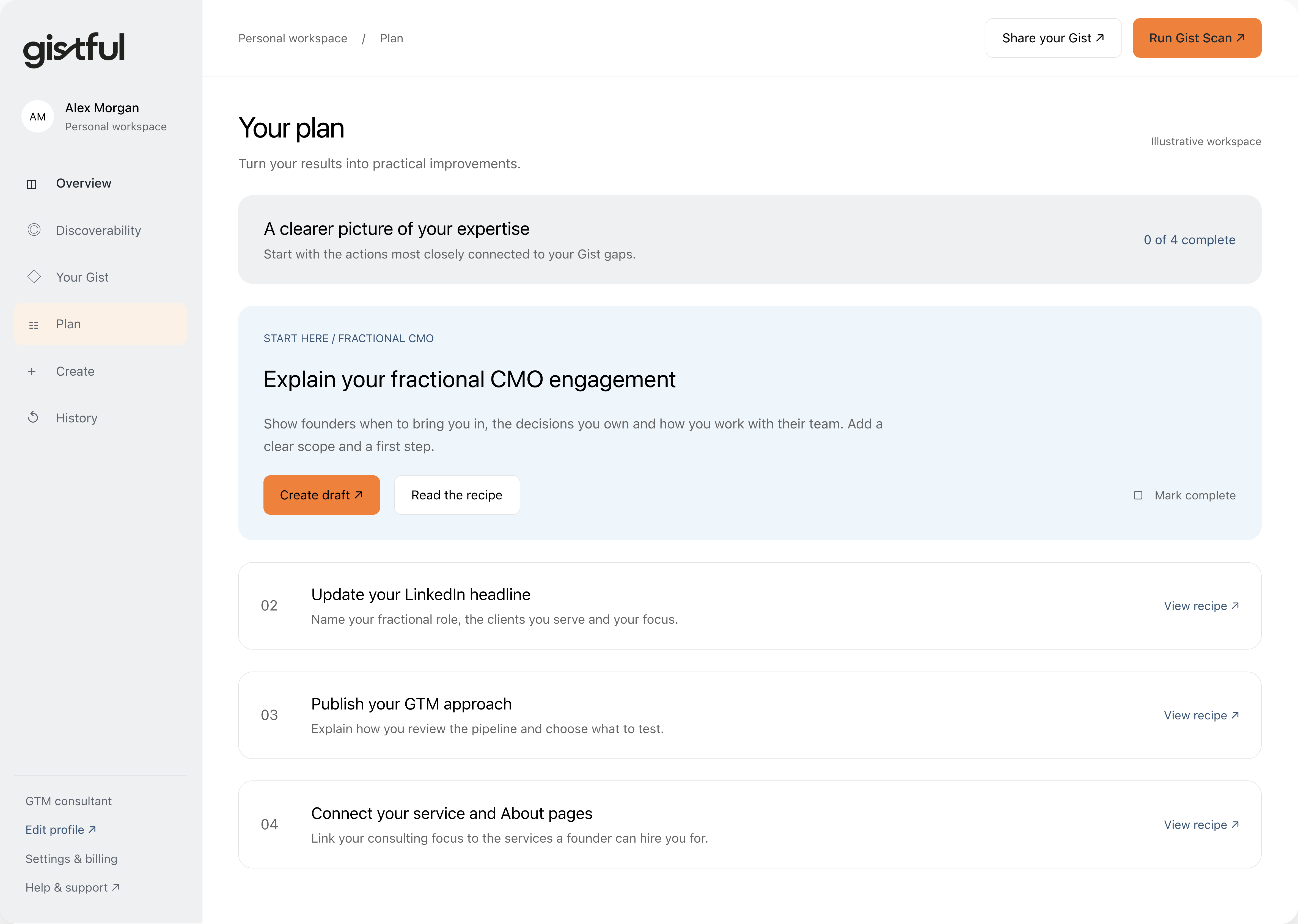 Illustrative Gistful Plan. Explain your fractional CMO engagement, update your LinkedIn headline, publish your GTM approach and connect your service and About pages.